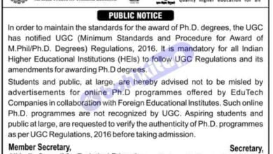 Notice from UGC about online PhD programmes