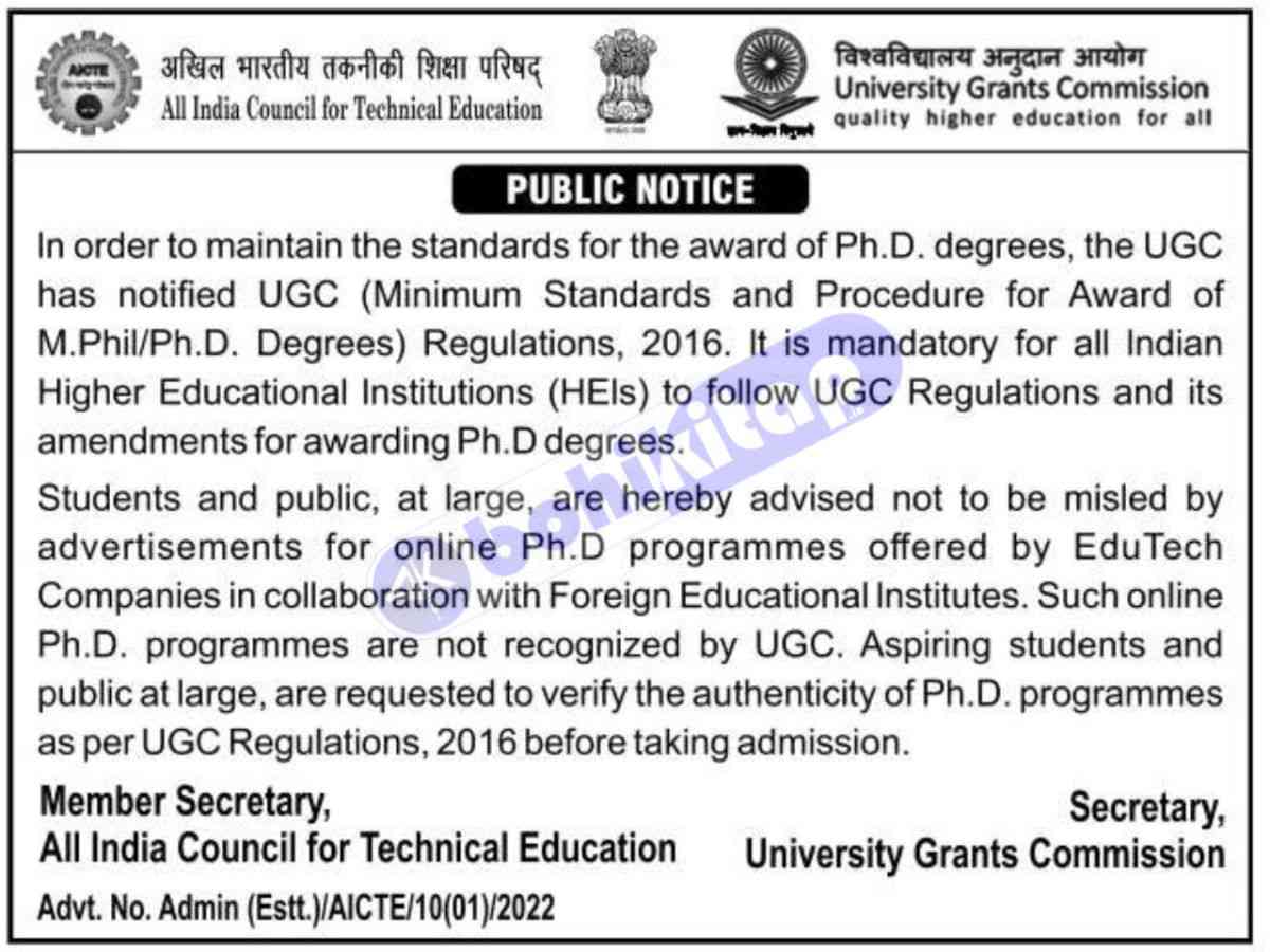 Notice from UGC about online PhD programmes